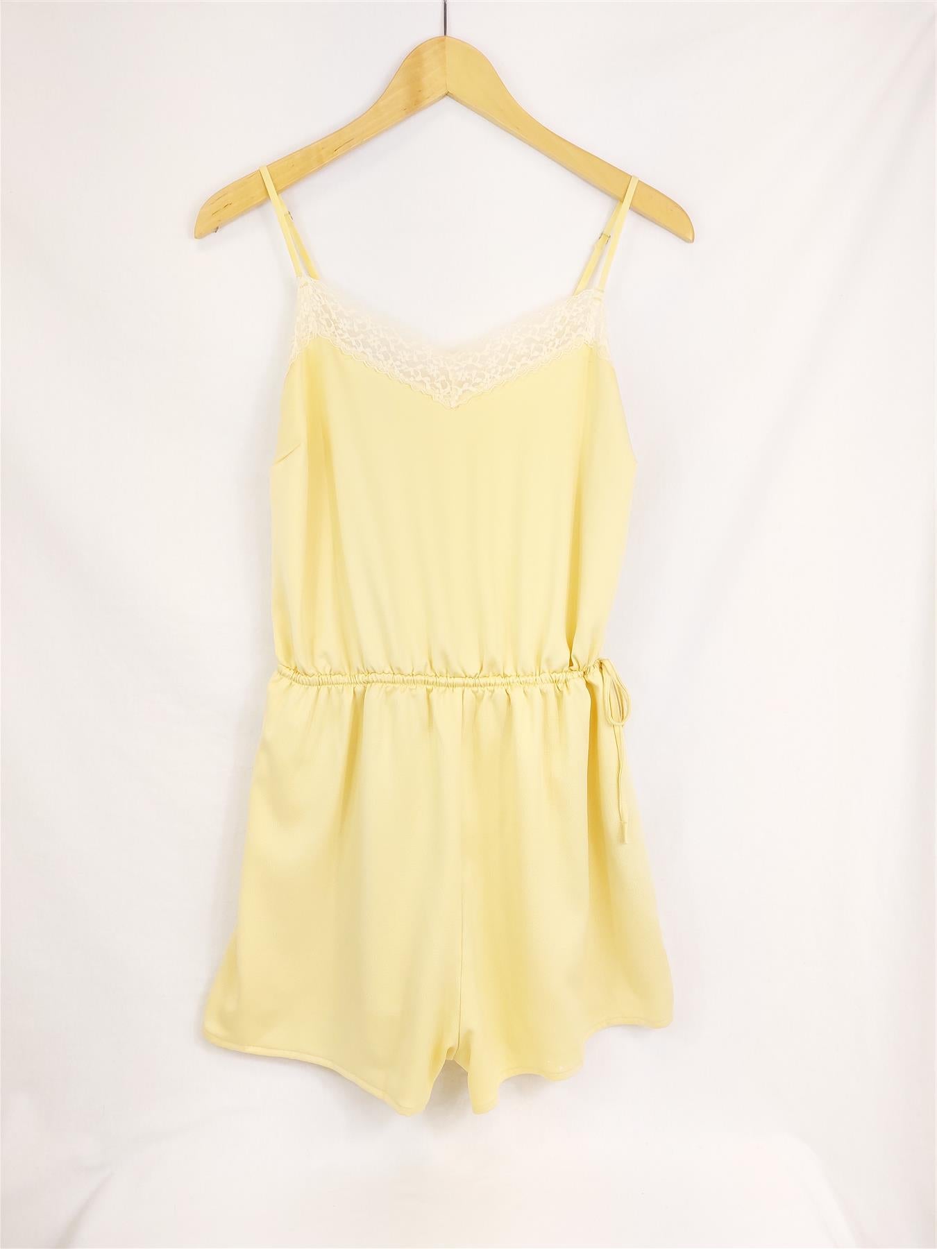 Women's Supersoft Yellow Teddy Bodysuit Sleepwear Pyjamas Floral Lace Trim
