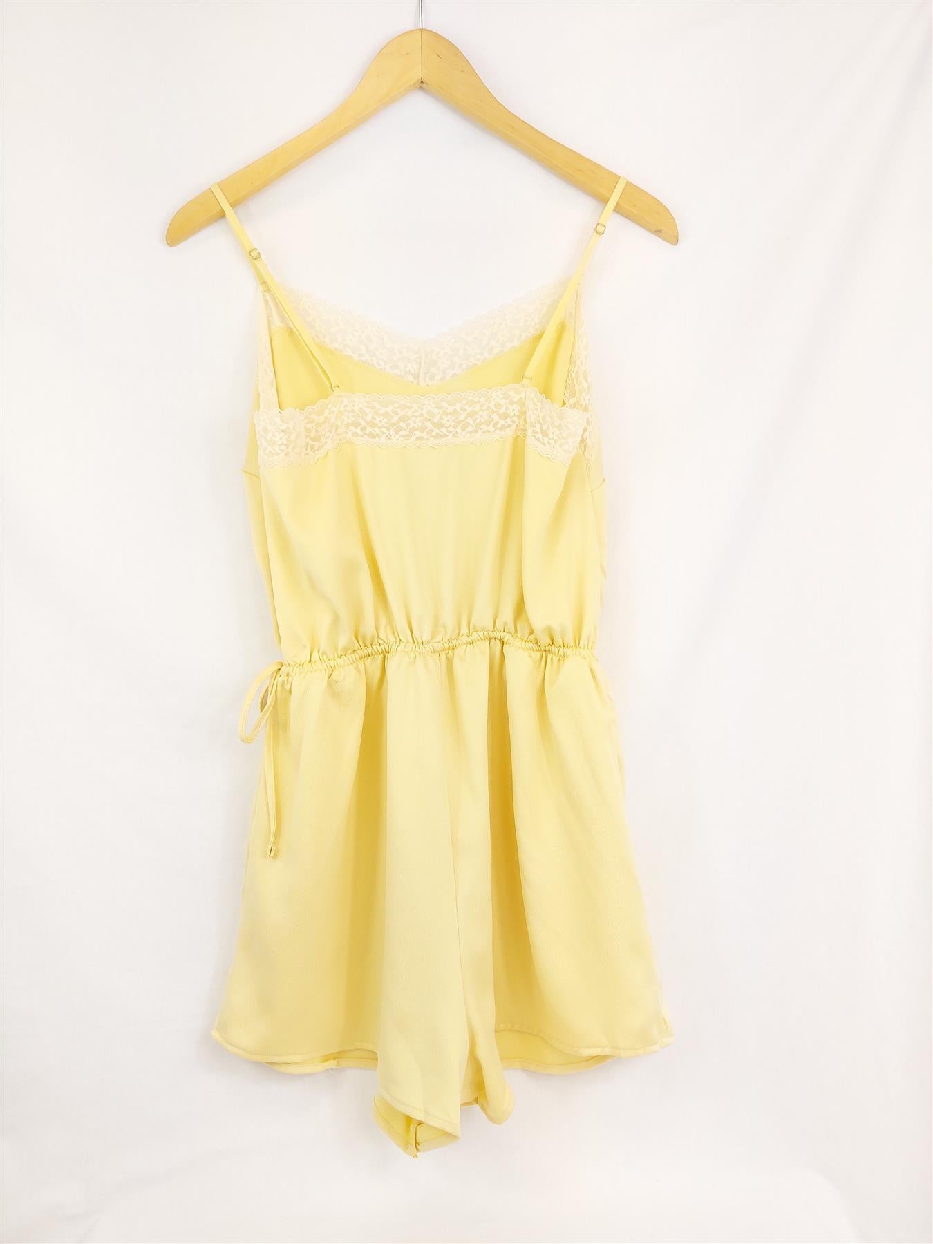 Women's Supersoft Yellow Teddy Bodysuit Sleepwear Pyjamas Floral Lace Trim