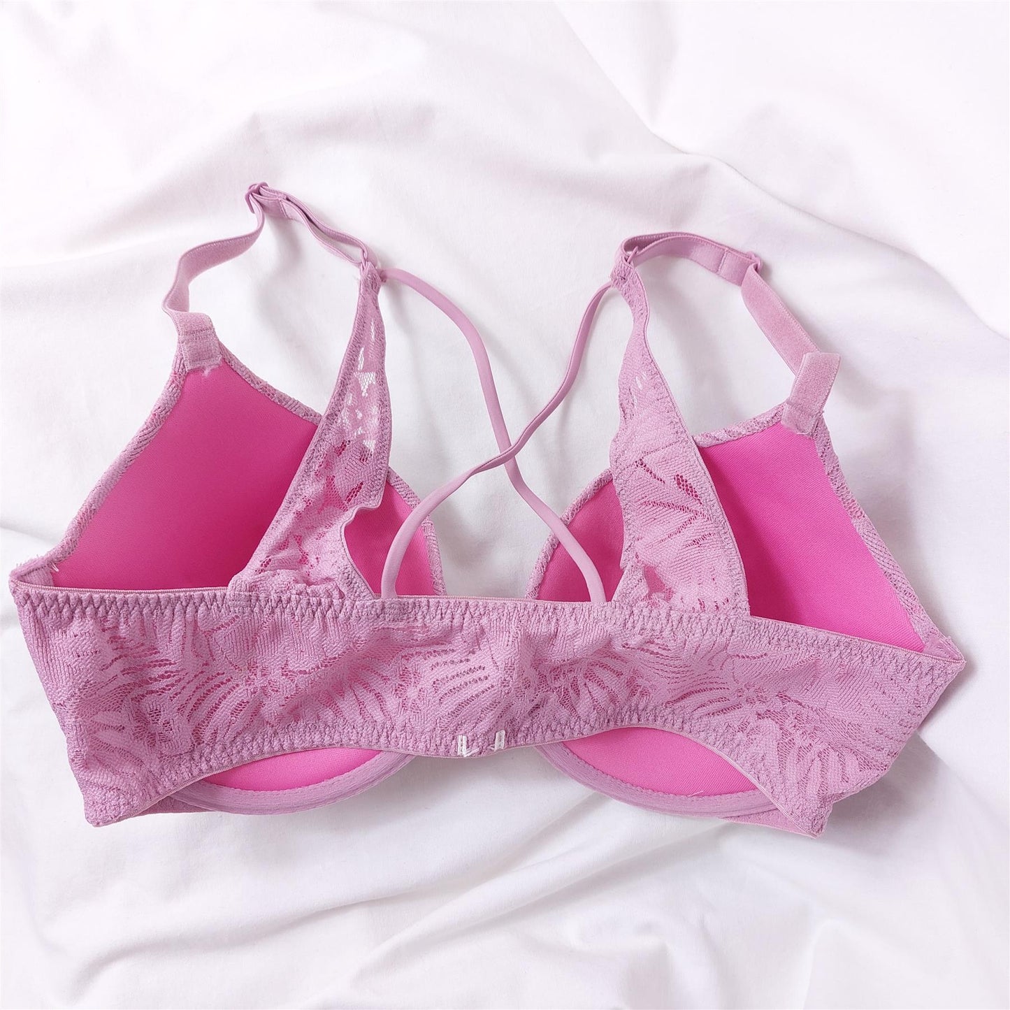 3x Front Clasp Bras Padded Push-Up Floral Lace Overlay Peach & Purple D-DD Cup