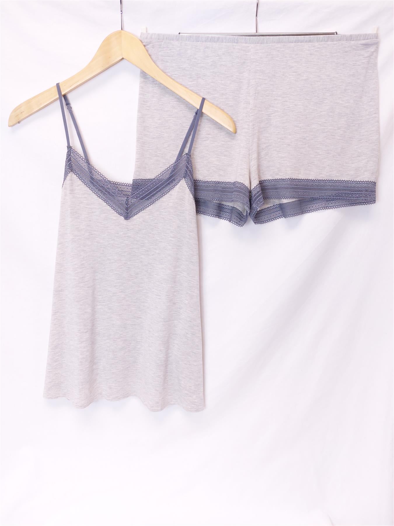 Women's Supersoft Pyjama Set Cami Top & Shorts Comfy Soft Stretch Lace Grey Blue