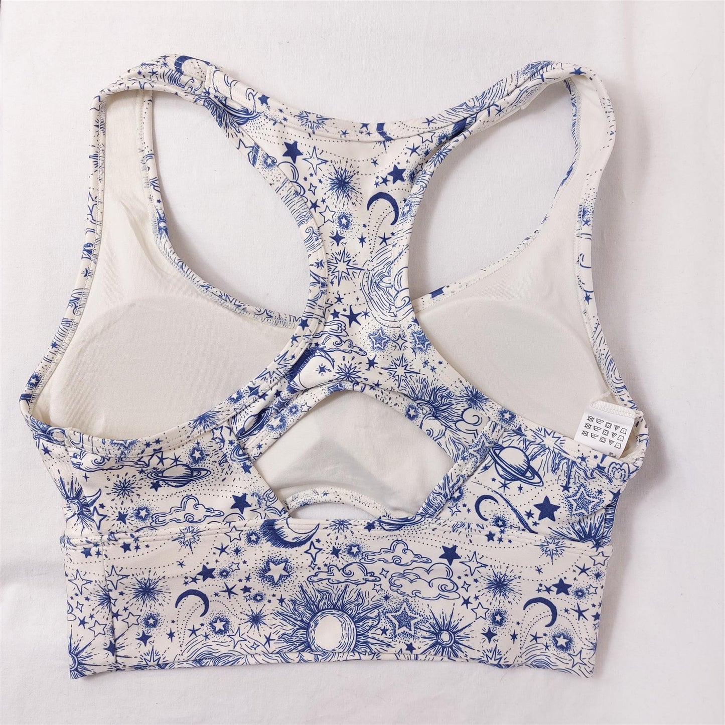 Wildfox Sports Gym Bra Yoga Top Non-Wired Removable Padding Blue & White Stars