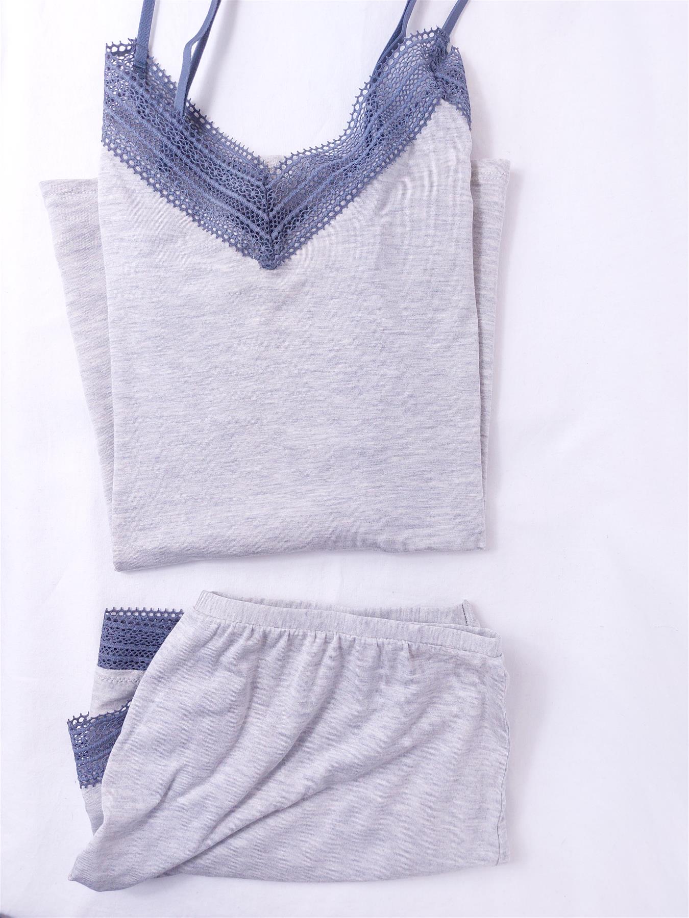Women's Supersoft Pyjama Set Cami Top & Shorts Comfy Soft Stretch Lace Grey Blue