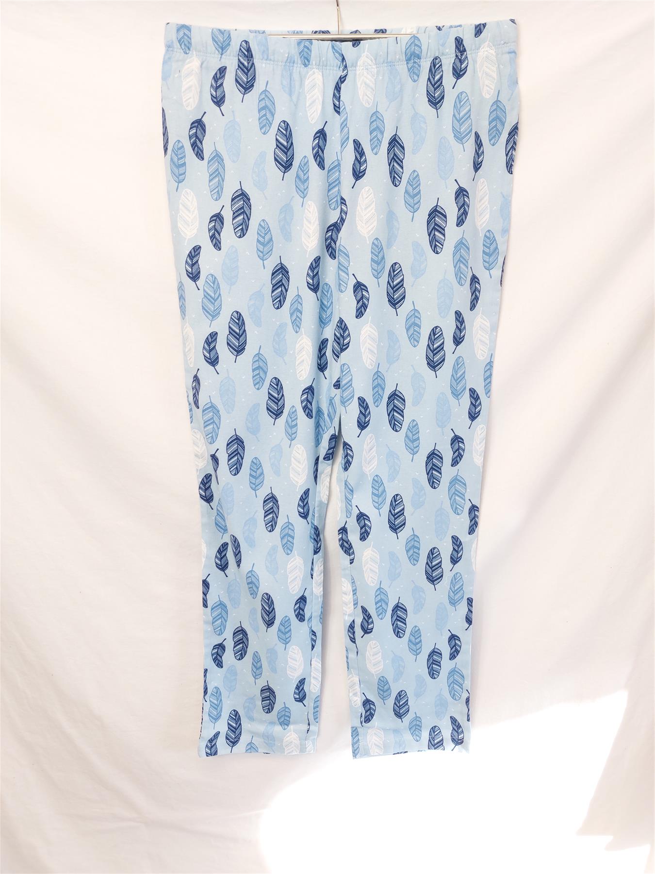 Women's Cotton Pyjama Bottoms Blue Feather Print Soft Comfy PJ Pants Brand New