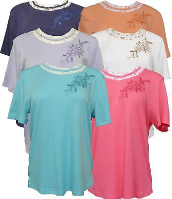 Reflect Women&apos;s Cotton Mix T-Shirt Frill Neck Beaded Embroidered Brand New Top