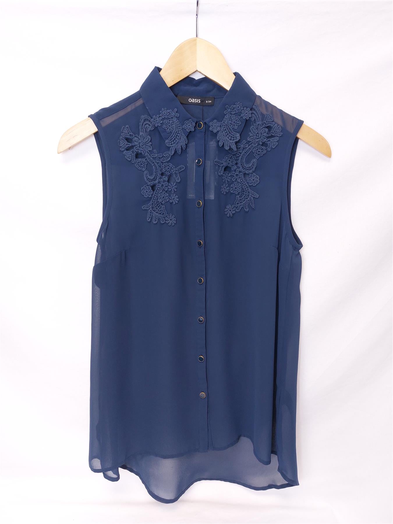 New Oasis Women's Blouse Navy Blue Sleeveless Sheer Lace Chiffon Embroidered Top