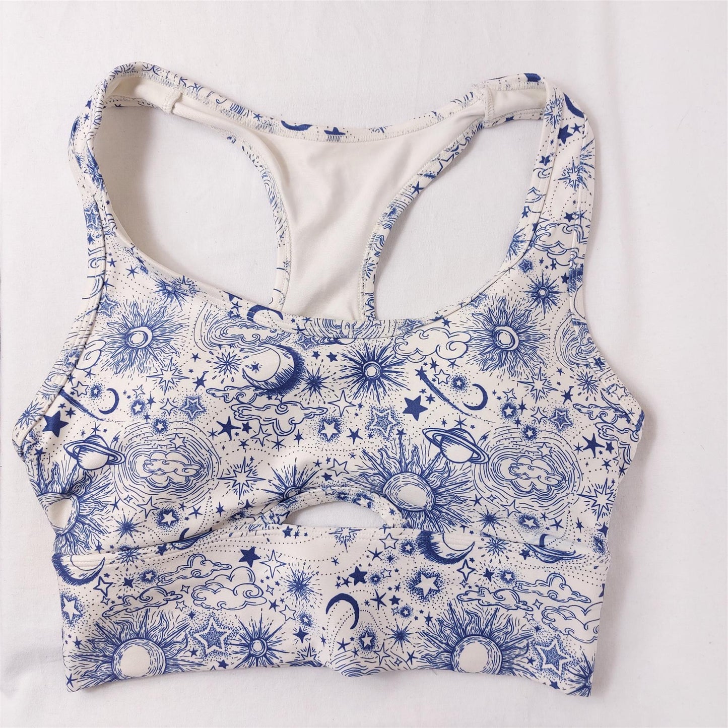 Wildfox Sports Gym Bra Yoga Top Non-Wired Removable Padding Blue & White Stars