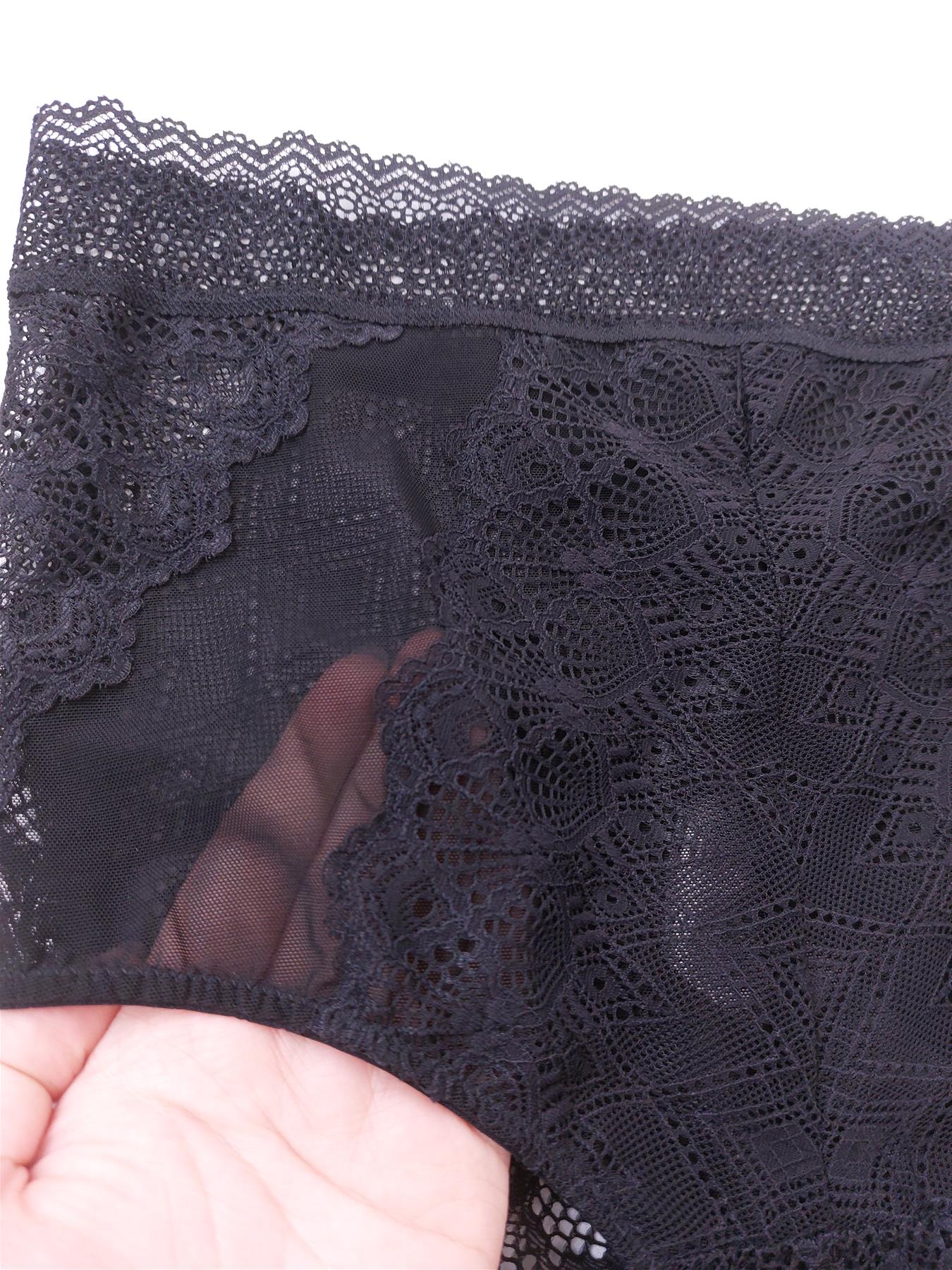 Oysho High Waist Knickers Full Brief Art Deco Lace Cotton Lined Black Size M