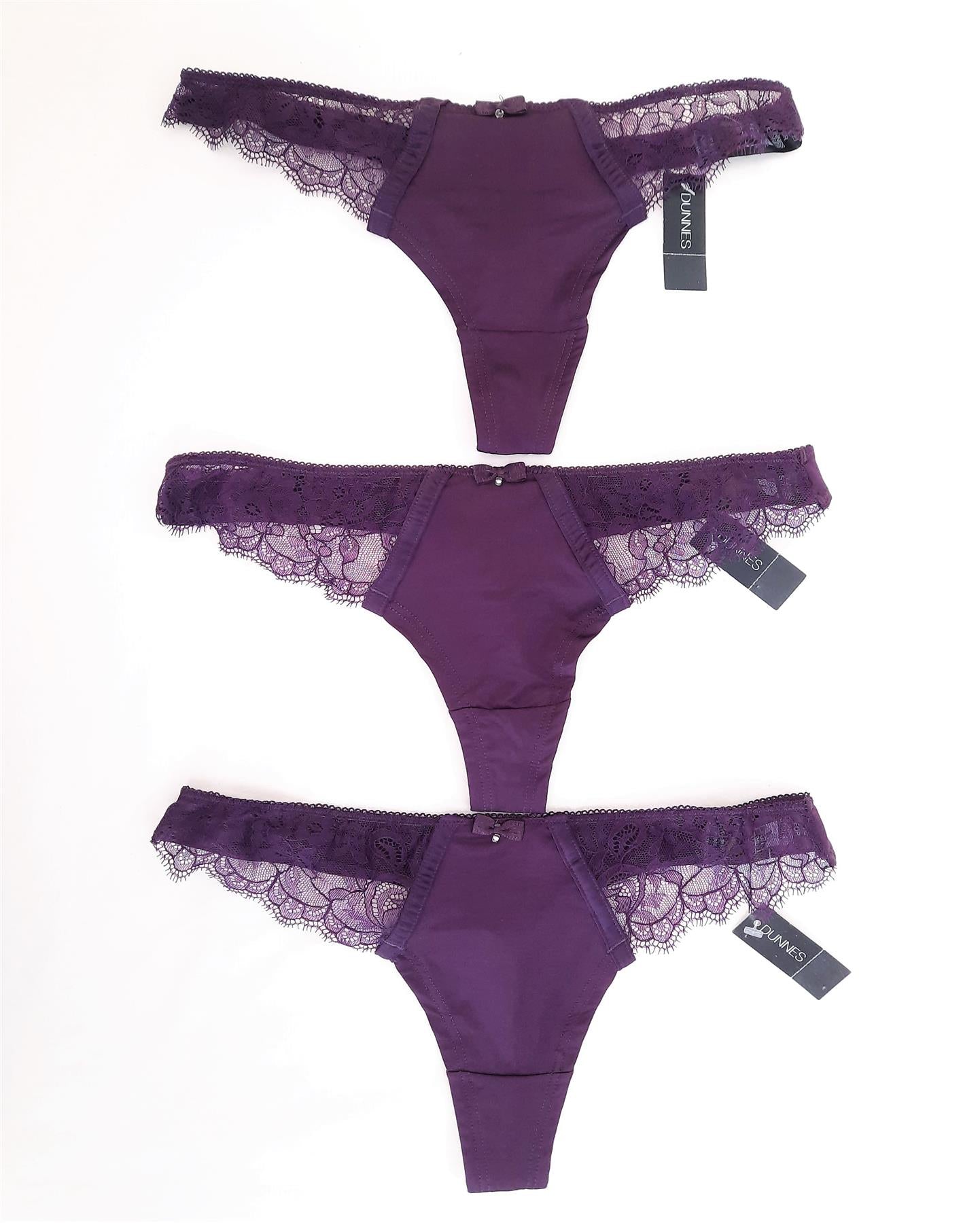 3pk Women's Thongs Knickers Purple Eyelash Lace Multipack High Street Brand New