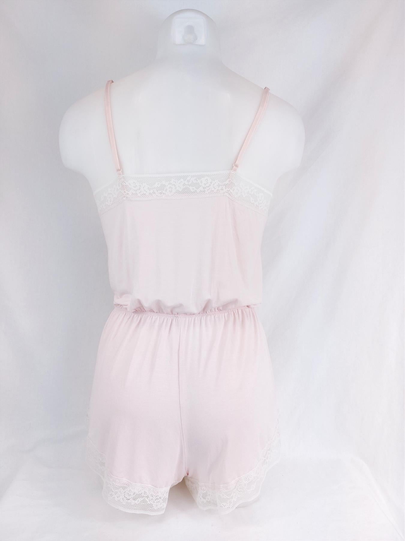 Women's Supersoft Teddy Body Playsuit Pyjama Sleepwear Lace Trim Pale Pink