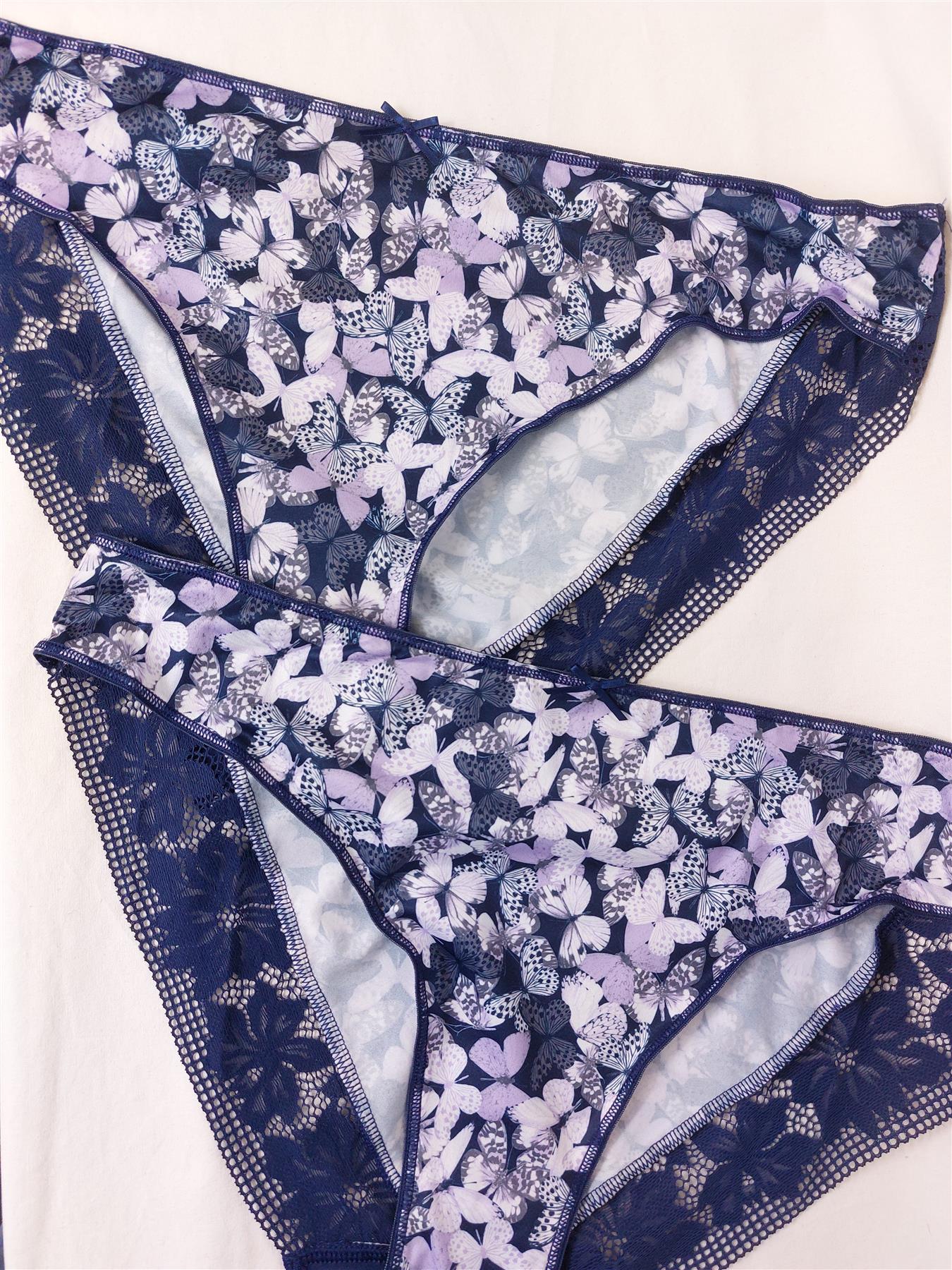 2-Pack High Leg Knickers Navy Butterfly Print Floral Lace Trim Multipack 12-20