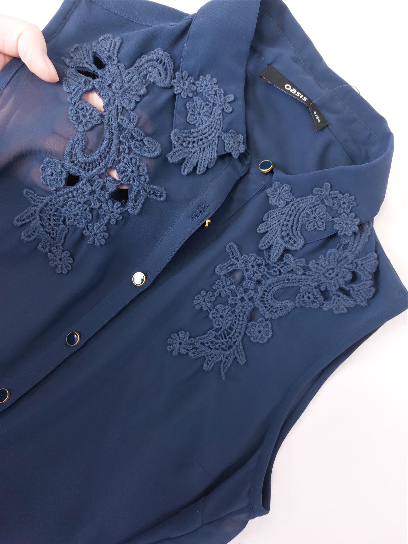 New Oasis Women's Blouse Navy Blue Sleeveless Sheer Lace Chiffon Embroidered Top