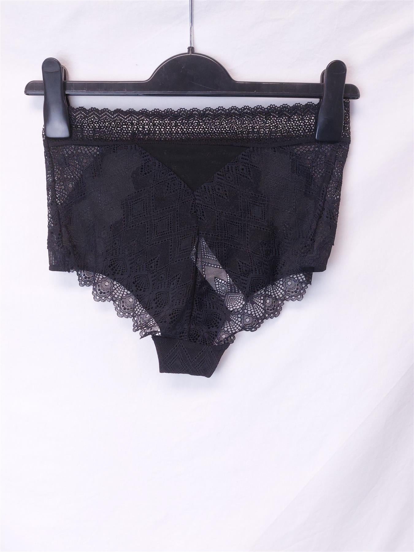 Oysho High Waist Knickers Full Brief Art Deco Lace Cotton Lined Black Size M