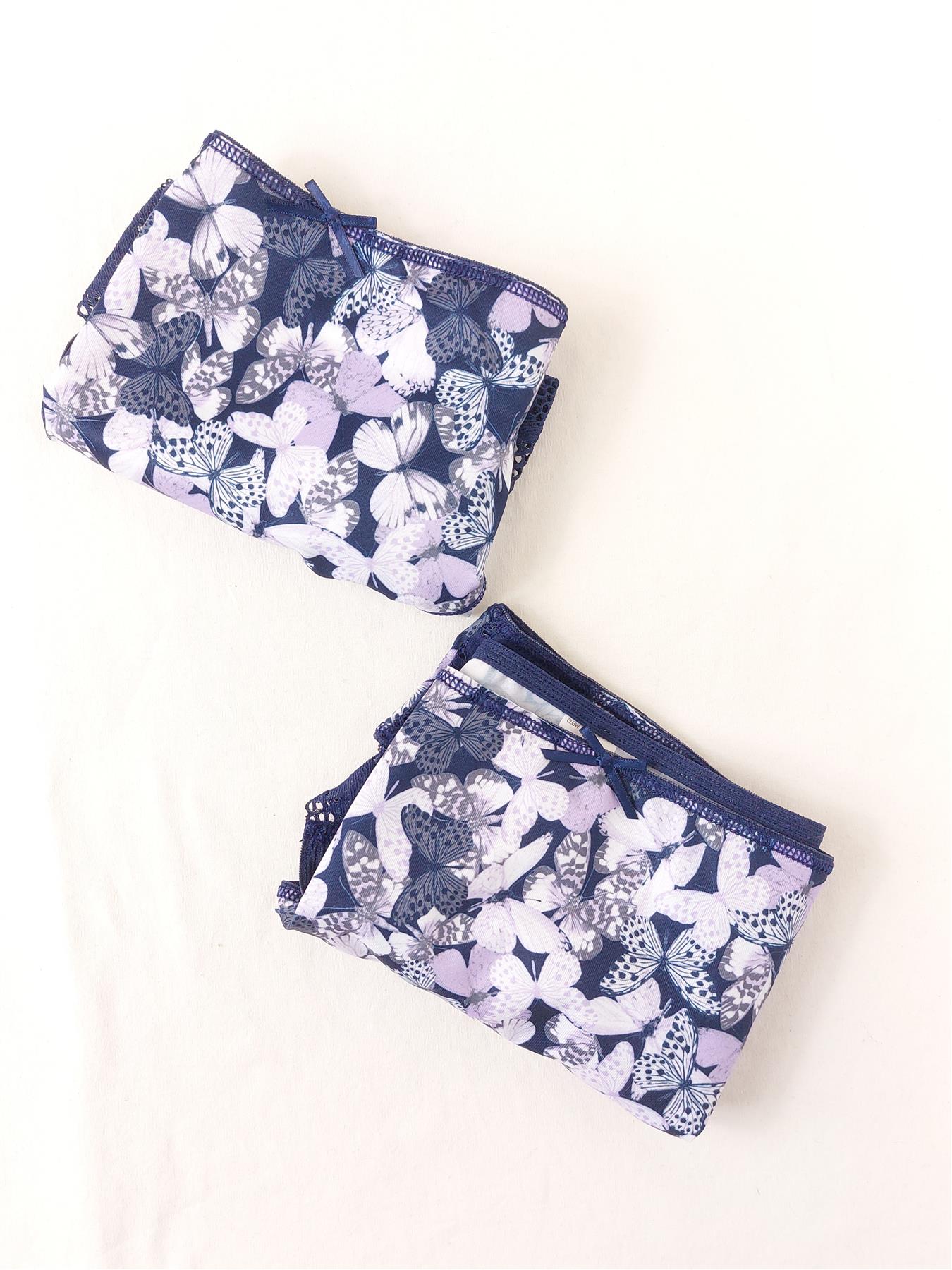 2-Pack High Leg Knickers Navy Butterfly Print Floral Lace Trim Multipack 12-20